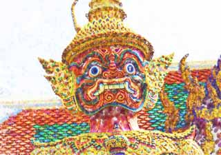 illustration,material,free,landscape,picture,painting,color pencil,crayon,drawing,A Thai guardian deity, Gold, Buddha, Temple of the Emerald Buddha, Sightseeing