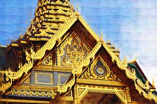 illust, materiell, befreit, Landschaft, Bild, Gemlde, Farbbleistift, Wachsmalstift, Zeichnung,,Dekoration des Chakri-Palastes, Gold, Buddha, Der knigliche Palast, Besichtigung