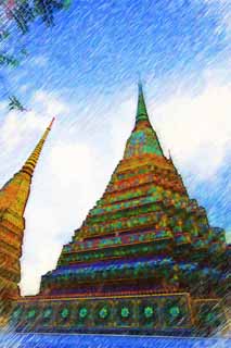 illustration,material,free,landscape,picture,painting,color pencil,crayon,drawing,A pagoda of watt Poe, pagoda, death of Buddha temple, grave, Sightseeing