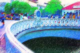 illust, matire, libre, paysage, image, le tableau, crayon de la couleur, colorie, en tirant,Une rampe d'un pont, railler, pont, Thalande, rivire