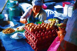 illust, materiale, libero panorama, ritratto dipinto, matita di colore disegna a pastello, disegnando,Bancarella di Bangkok, friggere-su, Carbone che accende un fuoco, bancarella, Un uovo