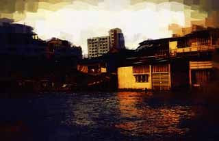 illust, material, livram, paisagem, quadro, pintura, lpis de cor, creiom, puxando,O banco de um rio de Chao Phraya , casa abandonada, construindo, fluxo, O Menam