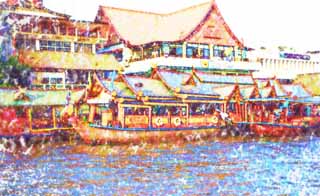 illust, materiell, befreit, Landschaft, Bild, Gemlde, Farbbleistift, Wachsmalstift, Zeichnung,,Ein Thailand-wie Vergngensboot, Schiff, Dach, Schwimmer, Der Menam