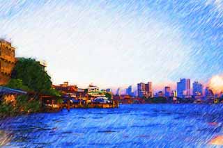 illust, materiell, befreit, Landschaft, Bild, Gemlde, Farbbleistift, Wachsmalstift, Zeichnung,,Landschaft von Chao Phraya , Schiff, Gebude, Fluss, Der Menam