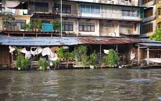 Foto, materiell, befreit, Landschaft, Bild, hat Foto auf Lager,Die Bank eines Flusses von Chao Phraya , verlassenes Haus, Gebude, Strmung, Der Menam