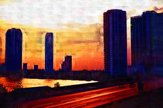 illust, matire, libre, paysage, image, le tableau, crayon de la couleur, colorie, en tirant,Crpuscule de Chao Phraya , appartement de tour, construire, Le ciel, Le Menam