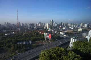 Foto, materieel, vrij, landschap, schilderstuk, bevoorraden foto,Morgen van Bangkok, Gebouw, , Rijweg, Bangkok