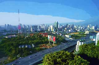 illustration,material,free,landscape,picture,painting,color pencil,crayon,drawing,Morning of Bangkok, building, , highway, Bangkok