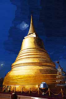 illust, materiell, befreit, Landschaft, Bild, Gemlde, Farbbleistift, Wachsmalstift, Zeichnung,,Eine Pagode von Wat Sakhet, Tempel, Pagode, Gold, Bangkok