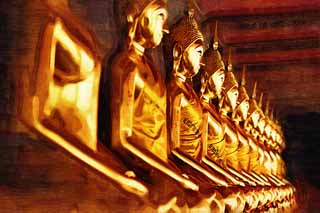 illust, material, livram, paisagem, quadro, pintura, lpis de cor, creiom, puxando,Uma linha de imagem budista dourada de Wat Suthat, templo, Imagem budista, corredor, Ouro