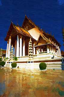 illust, materiell, befreit, Landschaft, Bild, Gemlde, Farbbleistift, Wachsmalstift, Zeichnung,,Wat Suthat, Tempel, Buddhistisches Bild, Die Haupthalle eines Buddhistischen Tempels, Bangkok