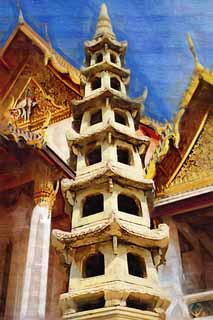 illust, materiell, befreit, Landschaft, Bild, Gemlde, Farbbleistift, Wachsmalstift, Zeichnung,,Ein Turm fr die Ruhe der Seelen von Wat Suthat, Tempel, Buddhistisches Bild, Turm fr die Ruhe der Seelen, Bangkok