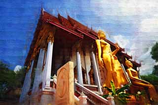 illust, materiell, befreit, Landschaft, Bild, Gemlde, Farbbleistift, Wachsmalstift, Zeichnung,,Glcklicher Buddha, Tempel, Buddhistisches Bild, Gold, Bangkok