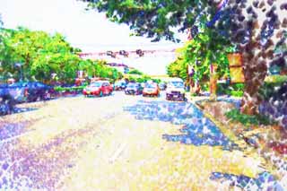 illust, materiell, befreit, Landschaft, Bild, Gemlde, Farbbleistift, Wachsmalstift, Zeichnung,,Bangkok-Strae, Auto, Motorrad, Strae, Asphalt