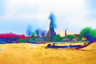 illust, materiell, befreit, Landschaft, Bild, Gemlde, Farbbleistift, Wachsmalstift, Zeichnung,,Tempel von Dawn, Tempel, Buddhistisches Bild, Ziegel, Bangkok