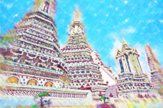 illust, materiale, libero panorama, ritratto dipinto, matita di colore disegna a pastello, disegnando,Tempio di Dawn, tempio, Immagine buddista, tegola, Bangkok