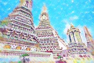 illust, material, livram, paisagem, quadro, pintura, lpis de cor, creiom, puxando,Templo de Dawn, templo, Imagem budista, azulejo, Bangkok