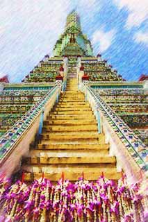 illust, materiell, befreit, Landschaft, Bild, Gemlde, Farbbleistift, Wachsmalstift, Zeichnung,,Tempel von Dawn, Tempel, Buddhistisches Bild, Ziegel, Bangkok