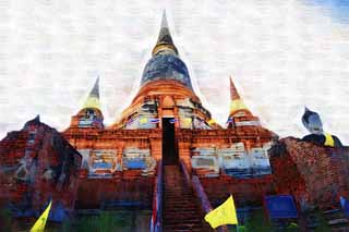 illust, material, livram, paisagem, quadro, pintura, lpis de cor, creiom, puxando,Dia de Che de Ayutthaya, pagode, templo, Imagem budista, Ayutthaya permanece