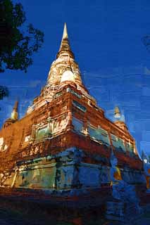 illust, materiell, befreit, Landschaft, Bild, Gemlde, Farbbleistift, Wachsmalstift, Zeichnung,,Che-Tag von Ayutthaya, Pagode, Tempel, Buddhistisches Bild, Ayutthaya-berreste