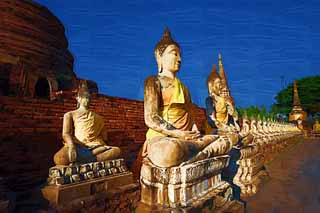 Illust, materieel, vrij, landschap, schilderstuk, schilderstuk, kleuren potlood, crayon, werkje,EEN Boeddhist afbeelding van Ayutthaya, Boeddhist afbeelding, Boeddha, Pagoda, Ayutthaya verblijft