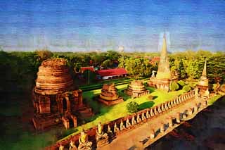 illust, materiell, befreit, Landschaft, Bild, Gemlde, Farbbleistift, Wachsmalstift, Zeichnung,,berreste von Ayutthaya, Die Ruinen, Tempel, Pagode, Ayutthaya-berreste