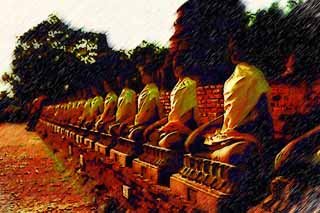 illust, materiale, libero panorama, ritratto dipinto, matita di colore disegna a pastello, disegnando,Un'immagine buddista di Ayutthaya, Immagine buddista, Budda, pagoda, Ayutthaya rimane