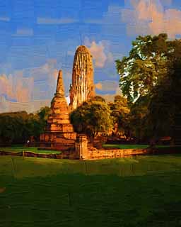 illust, materiell, befreit, Landschaft, Bild, Gemlde, Farbbleistift, Wachsmalstift, Zeichnung,,Wat Phraram, Das kulturelle Erbe von Welt, Buddhismus, Pagode, Ayutthaya-berreste