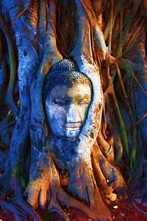 Illust, materieel, vrij, landschap, schilderstuk, schilderstuk, kleuren potlood, crayon, werkje,Een hersenen van Wat Phra Mahathat van De boeddha, Wereldwijd cultureel heritage, Boeddhisme, Hersenen van De boeddha, Ayutthaya verblijft