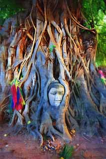 illust, materiale, libero panorama, ritratto dipinto, matita di colore disegna a pastello, disegnando,Un cervello di Wat Phra Mahathat di Budda, L'eredit culturale di Mondo, Buddismo, cervello di Budda, Ayutthaya rimane