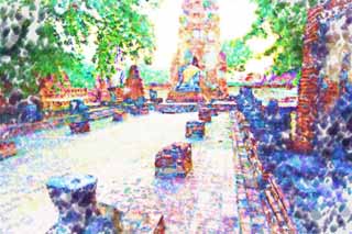 illust, materiell, befreit, Landschaft, Bild, Gemlde, Farbbleistift, Wachsmalstift, Zeichnung,,Wat Phra Mahathat, Das kulturelle Erbe von Welt, Buddhismus, Buddhistisches Bild, Ayutthaya-berreste