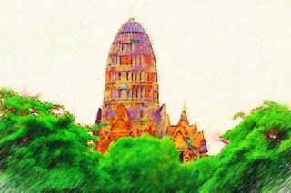 Illust, materieel, vrij, landschap, schilderstuk, schilderstuk, kleuren potlood, crayon, werkje,Wat Ratchaburana, Wereldwijd cultureel heritage, Boeddhisme, , Ayutthaya verblijft