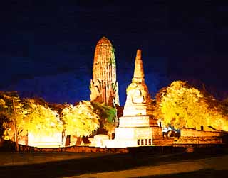 illust, materiell, befreit, Landschaft, Bild, Gemlde, Farbbleistift, Wachsmalstift, Zeichnung,,Wat Phraram, Das kulturelle Erbe von Welt, Buddhismus, Gebude, Ayutthaya-berreste