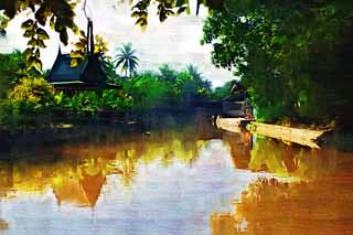 Illust, materieel, vrij, landschap, schilderstuk, schilderstuk, kleuren potlood, crayon, werkje,EEN Thailander waterside, Gebouw, Rivier, Modderig water, De tropische zone