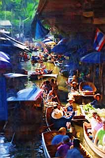 illust, material, livram, paisagem, quadro, pintura, lpis de cor, creiom, puxando,Mercado de gua, mercado, Comprando e vendendo, barco, 