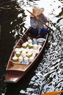 Foto, materieel, vrij, landschap, schilderstuk, bevoorraden foto,Een schip van de kokosnoot verkopend, Markt, Aankoop en aan het verkopen, Boot, 