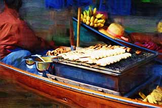 Illust, materieel, vrij, landschap, schilderstuk, schilderstuk, kleuren potlood, crayon, werkje,Brandende voorwaarde banaan verkopend van het water markt, Markt, Aankoop en aan het verkopen, Boot, 