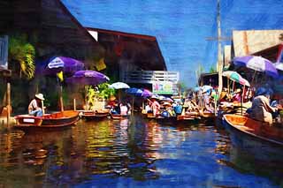 illustration,material,free,landscape,picture,painting,color pencil,crayon,drawing,Water market, market, Buying and selling, boat, 