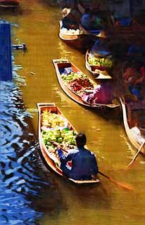 illustration,material,free,landscape,picture,painting,color pencil,crayon,drawing,Fruit selling of water market, market, Buying and selling, boat, 