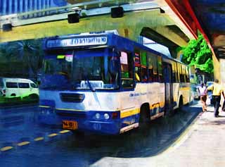 illust, materiell, befreit, Landschaft, Bild, Gemlde, Farbbleistift, Wachsmalstift, Zeichnung,,Ein thailndischer Bus, Bus, BUS, ffentlicher Transport, 