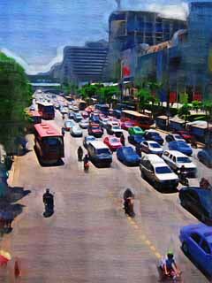 illust, materiell, befreit, Landschaft, Bild, Gemlde, Farbbleistift, Wachsmalstift, Zeichnung,,Bangkok-Strae, Auto, Motorrad, Strae, Asphalt