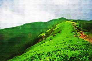 Illust, materieel, vrij, landschap, schilderstuk, schilderstuk, kleuren potlood, crayon, werkje,Mt.Akanagi, Hoge berg, Bergpad, Berg beklimming, Wandelend