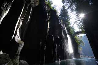 Foto, materiell, befreit, Landschaft, Bild, hat Foto auf Lager,Takachiho-kyo-Felsschlucht, Schlucht, Backlight, Klippe, natrliches Monument