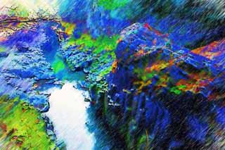 illust, matire, libre, paysage, image, le tableau, crayon de la couleur, colorie, en tirant,Takachiho-kyo engloutissent, Ravin, La surface de l'eau, falaise, monument naturel