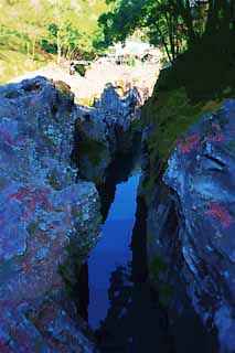 illust, materiell, befreit, Landschaft, Bild, Gemlde, Farbbleistift, Wachsmalstift, Zeichnung,,Takachiho-kyo-Felsschlucht, Schlucht, Die Oberflche des Wassers, Klippe, natrliches Monument