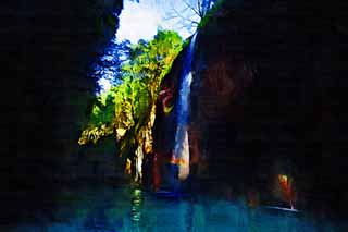 illust, materiell, befreit, Landschaft, Bild, Gemlde, Farbbleistift, Wachsmalstift, Zeichnung,,Takachiho-kyo-Felsschlucht, Schlucht, Backlight, Klippe, natrliches Monument