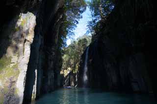 Foto, materiell, befreit, Landschaft, Bild, hat Foto auf Lager,Takachiho-kyo-Felsschlucht, Schlucht, Backlight, Klippe, natrliches Monument