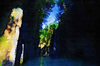 illust, materiell, befreit, Landschaft, Bild, Gemlde, Farbbleistift, Wachsmalstift, Zeichnung,,Takachiho-kyo-Felsschlucht, Schlucht, Backlight, Klippe, natrliches Monument