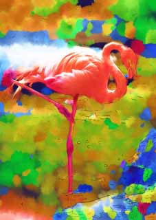 illust, materiell, befreit, Landschaft, Bild, Gemlde, Farbbleistift, Wachsmalstift, Zeichnung,,Ein Flamingo, , Flamingo, Rosa, 