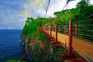 illust, material, livram, paisagem, quadro, pintura, lpis de cor, creiom, puxando,Jogasakikaigan suspenso ponte, bascule atravessam, ponte de suspenso, , 